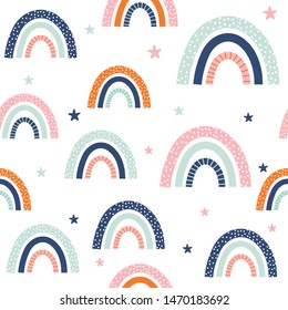 Seamless childish pattern with trendy rainbows. Creative scandinavian kids texture for fabric, wrapping, hijab, textile, wallpaper, apparel. Vector illustration