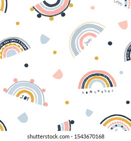 Seamless childish pattern with trendy rainbows. Creative scandinavian gender-neutral kids background for fabric, wrapping, textile, wallpaper, apparel. Vector illustration