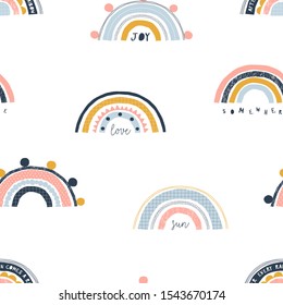 Seamless childish pattern with trendy rainbows. Creative scandinavian gender-neutral kids background for fabric, wrapping, textile, wallpaper, apparel. Vector illustration