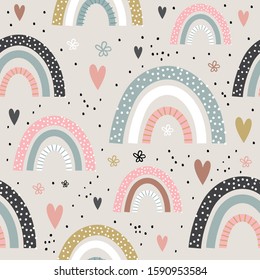 Seamless childish pattern with trendy rainbows. Creative scandinavian style, Vector illustration