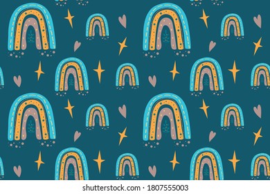 Seamless childish pattern with trendy rainbows. Creative scandinavian kids texture for fabric, wrapping, textile, wallpaper, childish apparel. Vector illustration