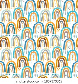 Seamless childish pattern with trendy rainbows. Creative scandinavian kids texture for fabric, wrapping, textile, wallpaper, childish apparel. Vector illustration