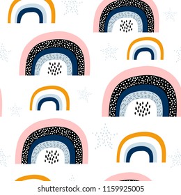 Seamless childish pattern with trendy rainbows.Creative scandinavian kids texture for fabric, wrapping, textile, wallpaper, apparel. Vector illustration