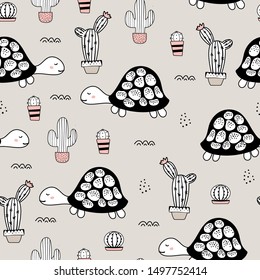 Seamless childish pattern with turtle and cactus.Creative texture for fabric, wrapping, textile, wallpaper, apparel. Vector illustration