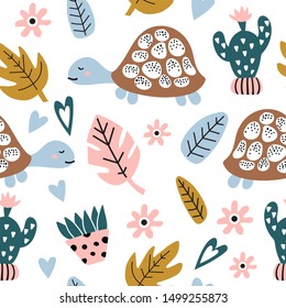 Seamless childish pattern with turtle and cactus.Creative texture for fabric, wrapping, textile, wallpaper, apparel. Vector illustration