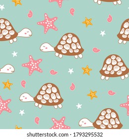 Seamless childish pattern with turtle.Creative texture for fabric, wrapping, textile, wallpaper, apparel. Vector illustration