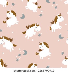 Seamless childish pattern with unicorn and moon. Cute vector texture for kids bedding, fabric, wallpaper, wrapping paper, textile, t-shirt print.