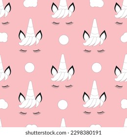 Seamless childish pattern with unicorn.Great for baby fabric, textiles, wallpaper, postcards. Childish cartoon vector background.