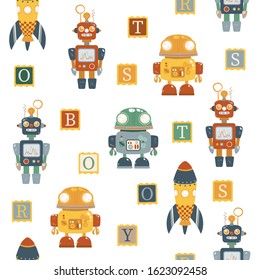 
Seamless childish pattern with various cartoon robots,  cubes with letters, rockets. Baby design for fabric, textile, print, wrapper. Vector illustration.