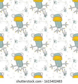 Seamless childish pattern vector illustration with hand drawn frog. Trendy scandinavian vector background. Vector texture for fabric and textile, wallpapers, backgrounds, print.