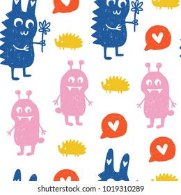 Seamless childish pattern. Vector kids background with hand drawn elements. Design for prints, shirts and posters.