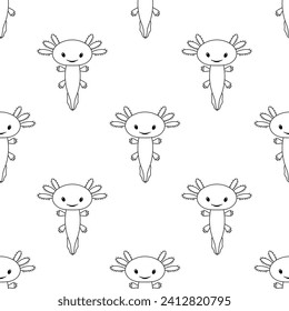 Seamless childish pattern. Vector line cartoon illustration of cute stylized axolotl salamander isolated on white background. Baby axolotl smiling.