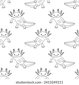 Seamless childish pattern. Vector line cartoon illustration of cute stylized axolotl salamander isolated on white background. Baby axolotl smiling.