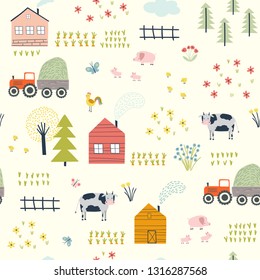 Seamless childish pattern with village landscape , cows, chickens, piglets and plants. Vector illustration. Use for textile, print, surface design, fashion kids wear 