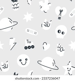 Seamless childish pattern with white badges and stickers. Creative kids monochrome texture for fabric, wallpaper, apparel. Vector background