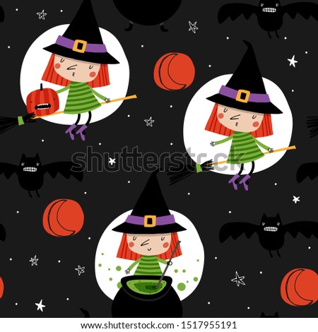 Seamless childish pattern with witches and bats: Happy Halloween. Creative scandinavian kids texture for fabric, wrapping, textile, wallpaper, apparel. Vector illustration in orange and grey.