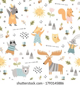 Seamless childish pattern with woodland animals. Cute deer, bear, raccoon, fox, bunny, squirrel in clothes, funny characters. Creative scandinavian kids texture for fabric, wrapping, textile