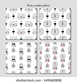 Seamless childish patterns with animal faces. Design for fabric, wrapping, textile, wallpaper, apparel. Vector illustration.