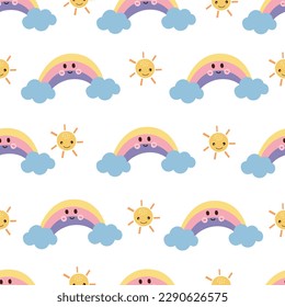 Seamless childish patterns with hand drawn rainbow and cloud in cartoon style. design for Newborn apparel, textiles, and wallpaper. Vector illustration