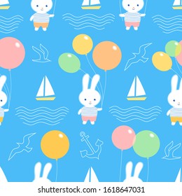 Seamless childish sea pattern. Colorful background with bunnies, waves and sailboats. Summer illustration with marine elements
