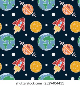 Patrón infantil inconsútil de la galaxia espacial con las naves espaciales y el planeta tierra, la luna, el cohete, las estrellas en fondo azul. Patrón sin fisuras de los planetas de la fantasía para los textiles de los niños, papel de embalaje, tela