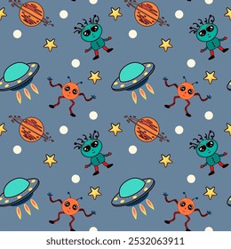 Seamless childish space pattern with funny aliens, Flying Saucers, stars, planets. Monsters in space. For children's textiles, wrapping paper, fabric, nursery, wall, book cover, textile, cards.