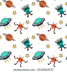 Seamless childish space pattern with funny aliens, Flying Saucers, stars, planets on white background. For children's textiles, wrapping paper, fabric, nursery, wall, book cover, textile, cards.