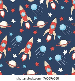 Seamless childish space pattern. Vector background with rockets, stars, planets.
