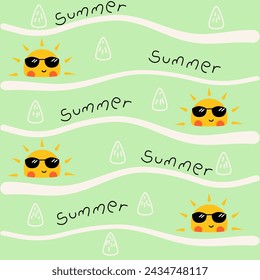 seamless childish summer pattern illustration of cool sun suitable for children's clothing, bed sheets and home decorations, notebook covers, stationery, prints, greeting cards and gift wrap, bag