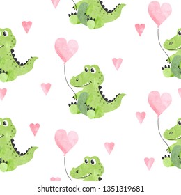 Seamless childish vector pattern with cute little watercolor crocodiles and hearts.