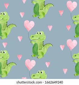 Seamless childish vector pattern with cute watercolor crocodiles and heart balloons	