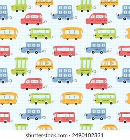 Seamless childish vector pattern with funny buses