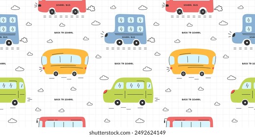 Seamless childish vector pattern with funny buses