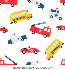 Seamless childish vector pattern with hand drawn cartoon cars. Cute pattern for fabric, wrapping, textile, wallpaper, apparel. Fire truck, racing car and school bus