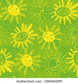 seamless childish vector pattern with happy yellow suns and sunflowers on plaid textured green background