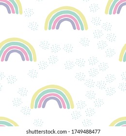 Seamless childish vector pattern with rainbows. Doodle scandinavian kids texture for fabric, textile, apparel, wrapping, wallpaper, poster. Sketchy hand drawn illustration.