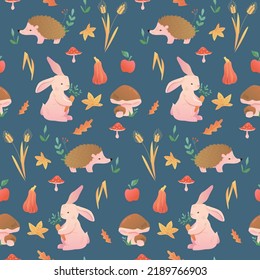 Seamless Childish Woodland Pattern with Bunny or Rabbit, Hedgehog, White mushroom, Fly agaric, Pumpkin. Kids Forest Texture for Wallpaper, Wrapping, Fabric, Textile. Autumn background on blue.