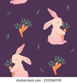 Seamless Childish Woodland Pattern with Bunny or Rabbit and Carrot. Kids Texture for Wallpaper, Wrapping, Fabric, Textile. Easter background on purple.