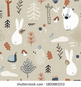 Seamless childish woodland pattern with bunny,bears, snail, hedgehog. Creative kids forest texture for fabric, wrapping, textile, wallpaper, apparel. Vector illustration