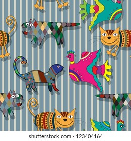 Seamless childlike drawing of animals in colors, abstract art