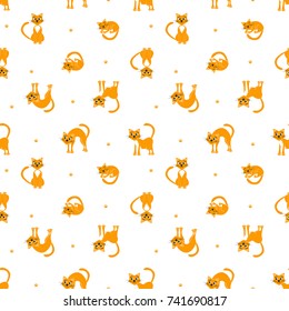 Seamless childlike pattern. Background in red cats for textiles, fabrics, cotton fabric, covers, wallpaper, print, gift wrap, postcard, scrapbooking