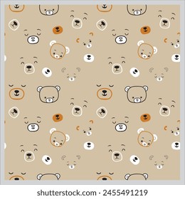 Seamless children animals print. Vector cute baby bear face background. Doodle hand drawn bear, out line, mouth, pattern.