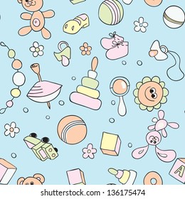Seamless children background. Hand drawn pattern with children's toys and elements