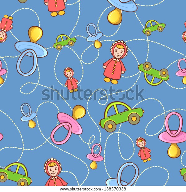 Seamless\
children background with pacifiers and\
toys