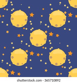 Seamless children cartoon picture space with rockets , Planet Moon , stars and an astronaut on a beautiful night sky background