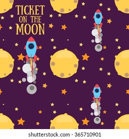 Seamless children cartoon picture space with rockets , Planet Moon , stars and an astronaut on a beautiful night sky background