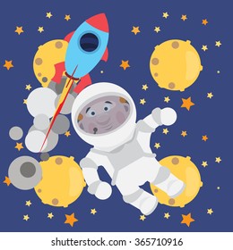 Seamless children cartoon picture space with rockets , Planet Moon , stars and an astronaut on a beautiful night sky background