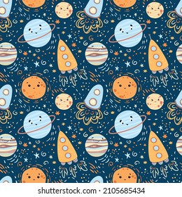 Seamless children cartoon space pattern with rockets, planets, stars and universe over the dark night sky background. Creative nursery background in scandinavian style. Perfect for kids design,textile