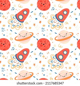 Seamless children cartoon space pattern with rockets, planets, stars and universe over the white background. Creative nursery background in scandinavian style. Perfect for kids design,textile. Vector
