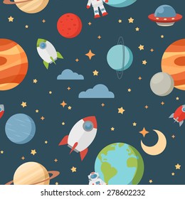 Seamless children cartoon space pattern with rockets, planets, stars and universe over the dark night sky background